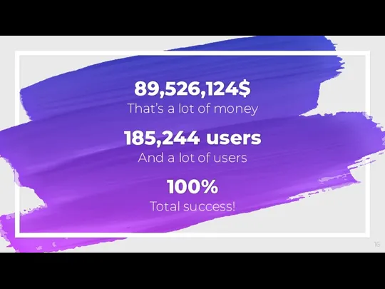 89,526,124$ That’s a lot of money 100% Total success! 185,244 users And a lot of users