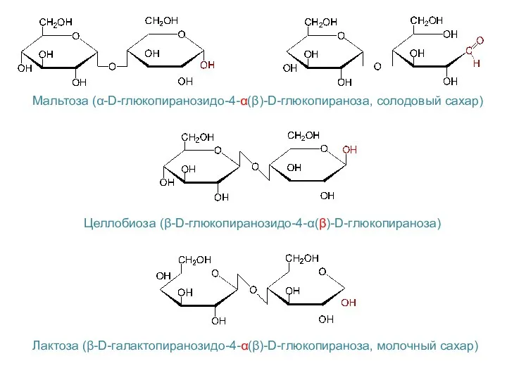 Мальтоза (α-D-глюкопиранозидо-4-α(β)-D-глюкопираноза, солодовый сахар) Целлобиоза (β-D-глюкопиранозидо-4-α(β)-D-глюкопираноза) Лактоза (β-D-галактопиранозидо-4-α(β)-D-глюкопираноза, молочный сахар)