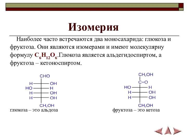 Изомерия Наиболее часто встречаются два моносахарида: глюкоза и фруктоза. Они