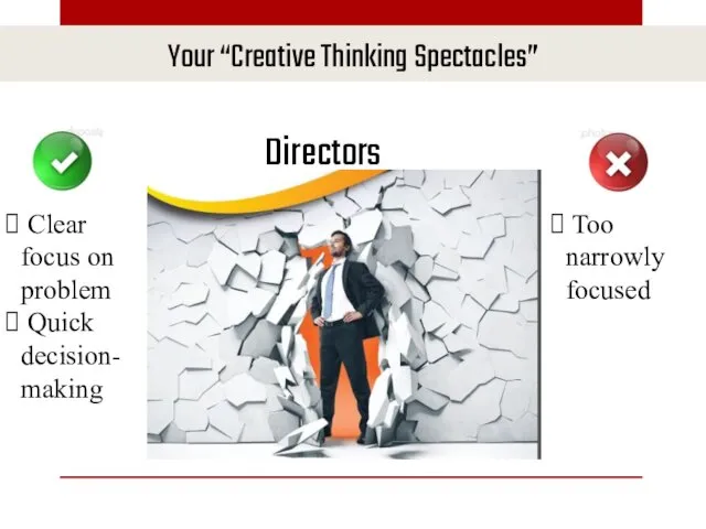 Your “Creative Thinking Spectacles” Directors Clear focus on problem Quick decision-making Too narrowly focused Marina Efremova