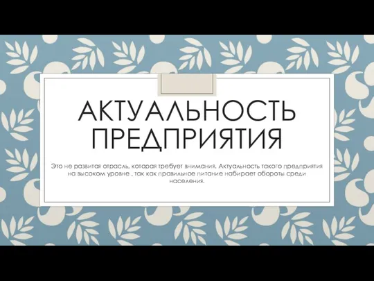 АКТУАЛЬНОСТЬ ПРЕДПРИЯТИЯ Это не развитая отрасль, которая требует внимания. Актуальность