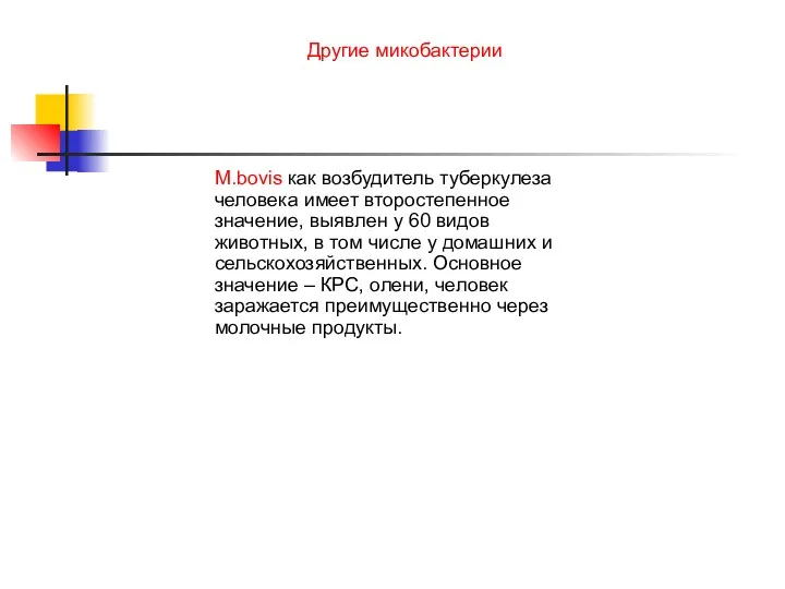 Другие микобактерии M.bovis как возбудитель туберкулеза человека имеет второстепенное значение,