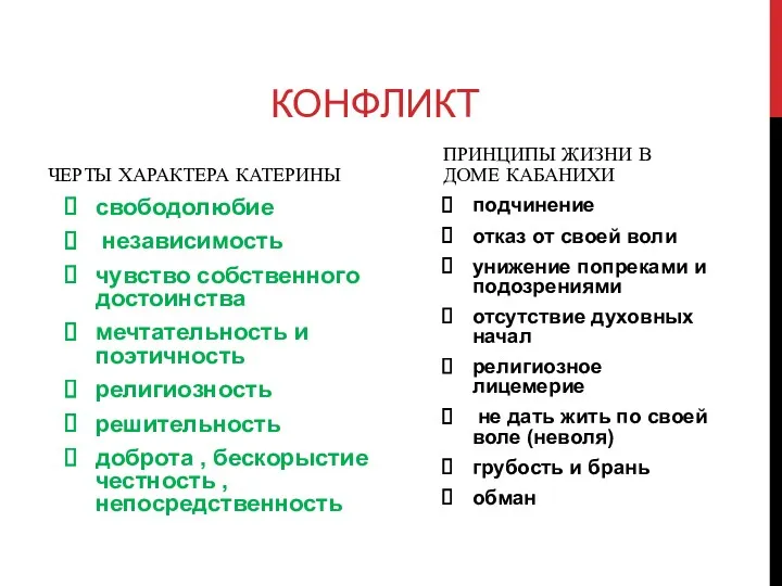 КОНФЛИКТ ЧЕРТЫ ХАРАКТЕРА КАТЕРИНЫ свободолюбие независимость чувство собственного достоинства мечтательность и поэтичность религиозность