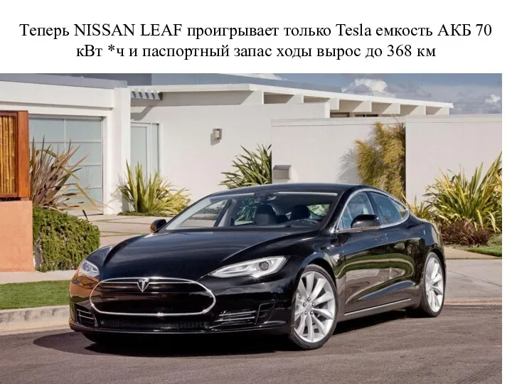 Теперь NISSAN LEAF проигрывает только Tesla емкость АКБ 70 кВт *ч и паспортный