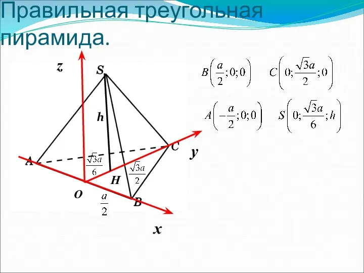 Правильная треугольная пирамида. х y O z H h