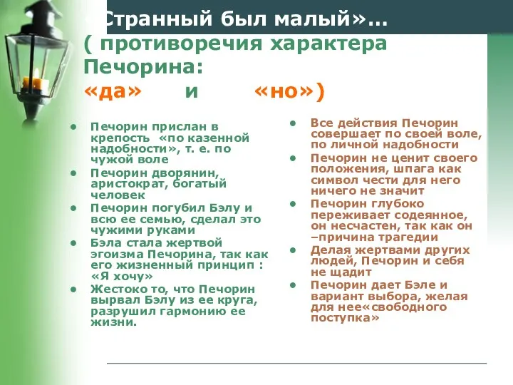 «Странный был малый»… ( противоречия характера Печорина: «да» и «но»)