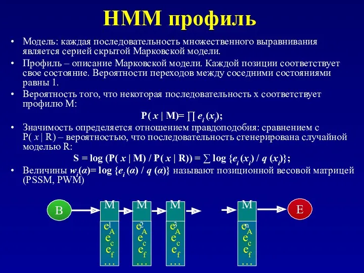 HMM профиль Модель: каждая последовательность множественного выравнивания является серией скрытой