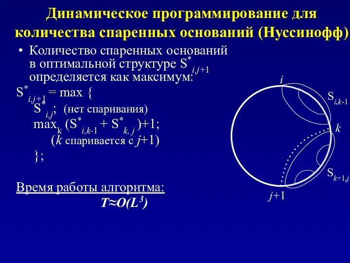 Динамическое программирование для количества спаренных оснований (Нуссинофф) Количество спаренных оснований