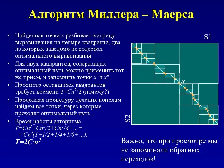 Алгоритм Миллера – Маерса Найденная точка x разбивает матрицу выравнивания