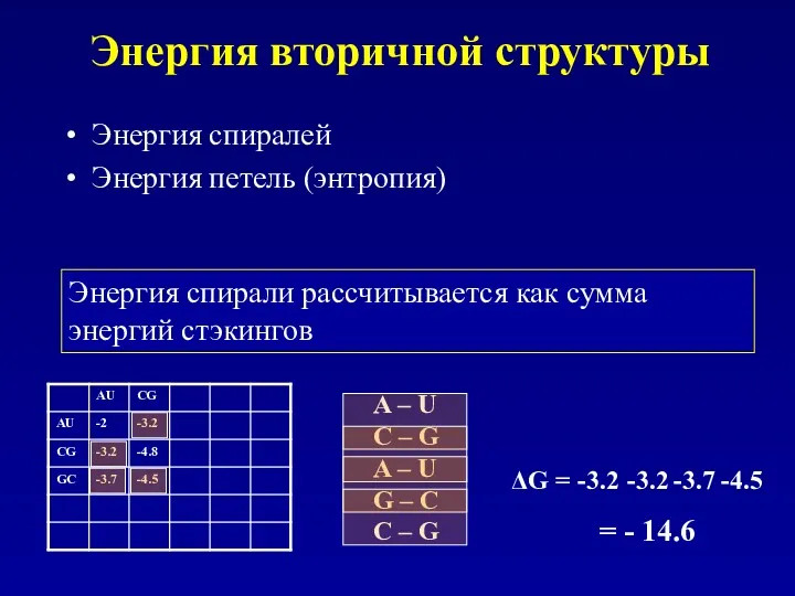 Энергия вторичной структуры Энергия спиралей Энергия петель (энтропия) A –