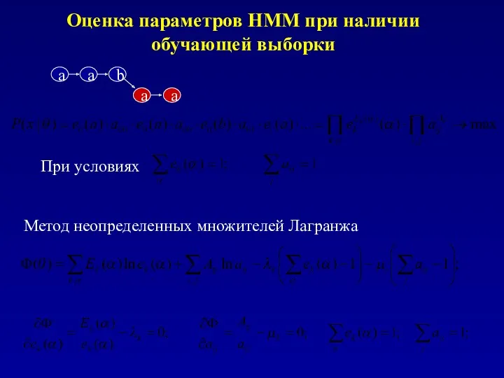 Оценка параметров HMM при наличии обучающей выборки При условиях Метод