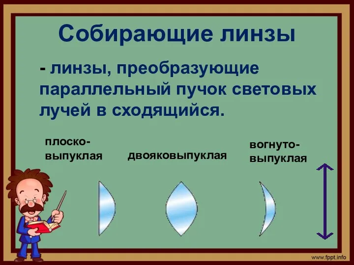 Собирающие линзы - линзы, преобразующие параллельный пучок световых лучей в сходящийся. плоско-выпуклая двояковыпуклая вогнуто-выпуклая