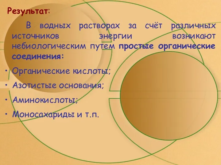 Результат: В водных растворах за счёт различных источников энергии возникают