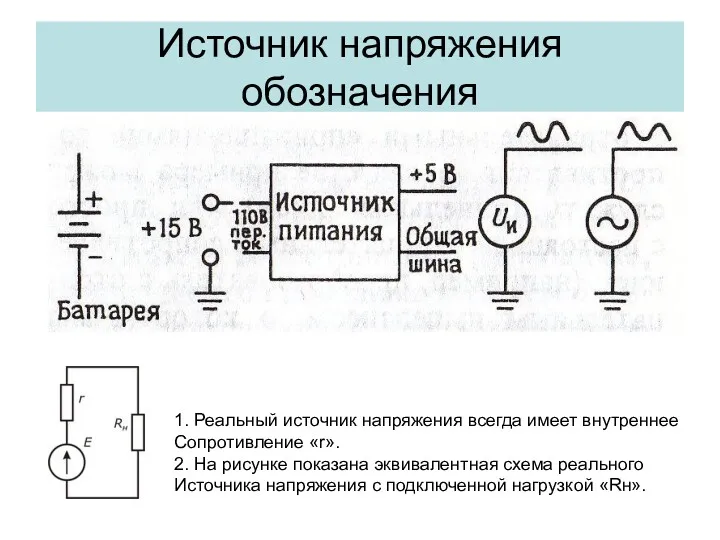 Источник напряжения обозначения 1. Реальный источник напряжения всегда имеет внутреннее Сопротивление «r». 2.