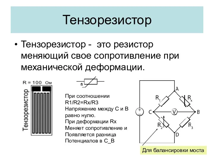 Тензорезистор Тензорезистор - это резистор меняющий свое сопротивление при механической деформации. При соотношении