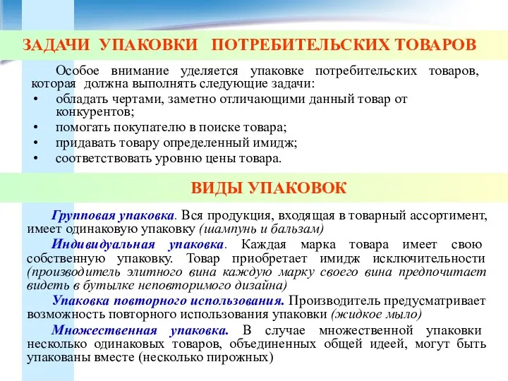 ВИДЫ УПАКОВОК Групповая упаковка. Вся продукция, входящая в товарный ассортимент,