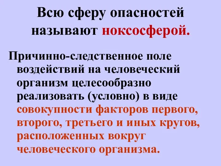 Всю сферу опасностей называют ноксосферой. Причинно-следственное поле воздействий на человеческий