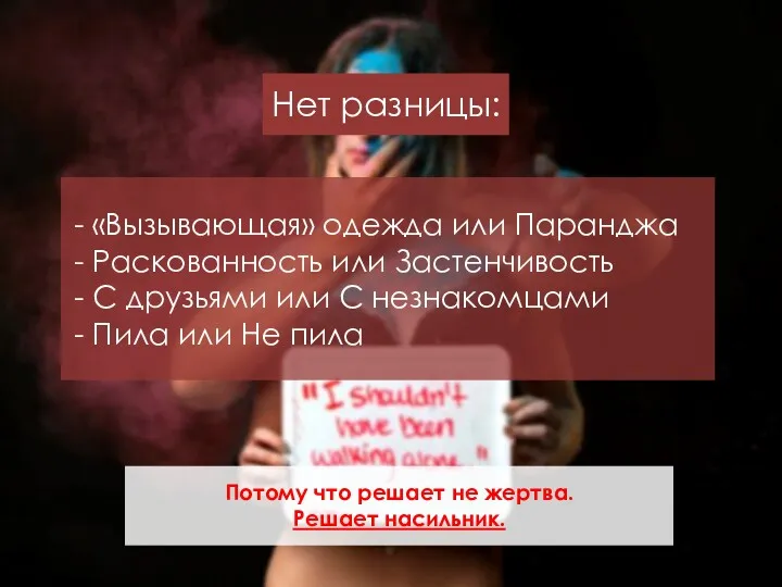 Нет разницы: «Вызывающая» одежда или Паранджа Раскованность или Застенчивость С друзьями или С