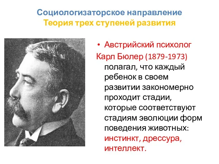 Социологизаторское направление Теория трех ступеней развития Австрийский психолог Карл Бюлер