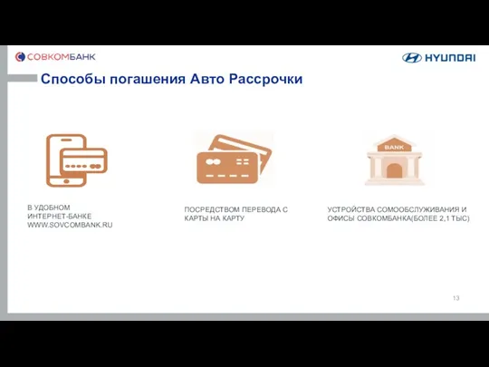 Способы погашения Авто Рассрочки В УДОБНОМ ИНТЕРНЕТ-БАНКЕ WWW.SOVCOMBANK.RU УСТРОЙСТВА СОМООБСЛУЖИВАНИЯ И ОФИСЫ СОВКОМБАНКА(БОЛЕЕ