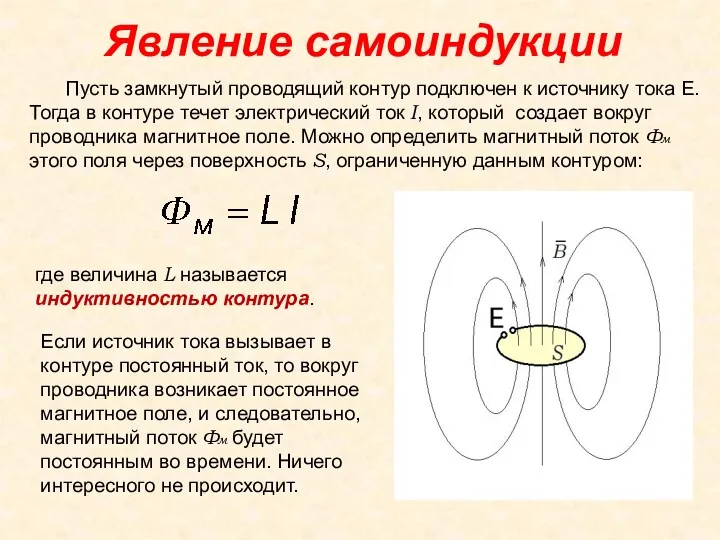 . . Явление самоиндукции Пусть замкнутый проводящий контур подключен к