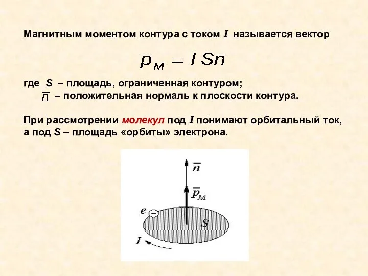 Магнитным моментом контура с током I называется вектор где S