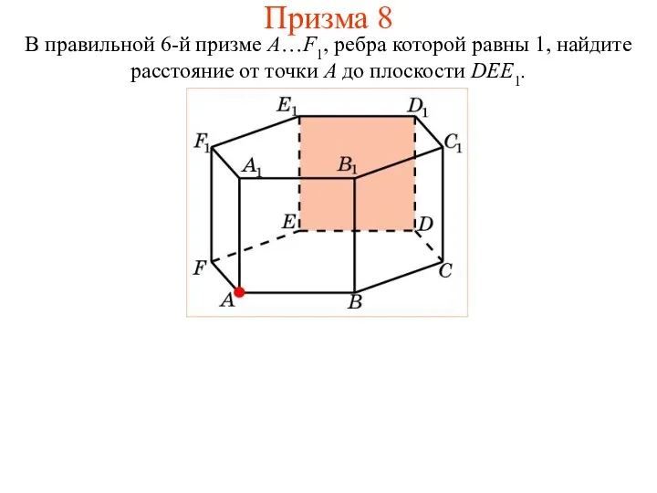 В правильной 6-й призме A…F1, ребра которой равны 1, найдите
