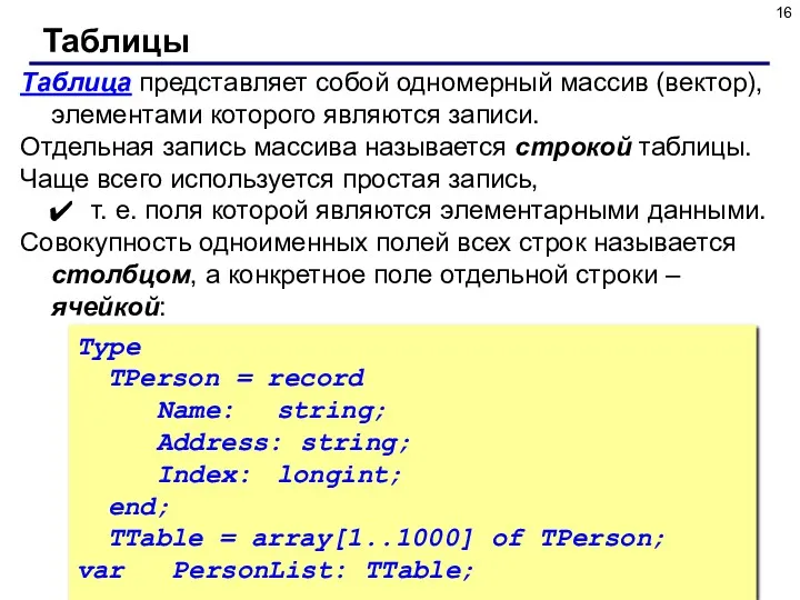 Таблица представляет собой одномерный массив (вектор), элементами которого являются записи.