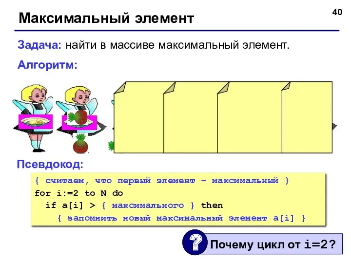 Максимальный элемент Задача: найти в массиве максимальный элемент. Алгоритм: Псевдокод: