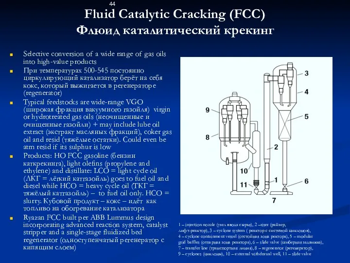 Fluid Catalytic Cracking (FCC) Флюид каталитический крекинг Selective conversion of