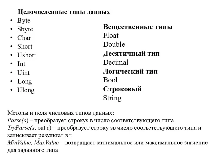Целочисленные типы данных Byte Sbyte Char Short Ushort Int Uint Long Ulong Вещественные
