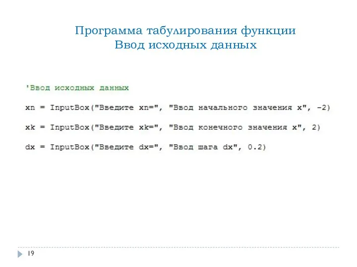 Программа табулирования функции Ввод исходных данных