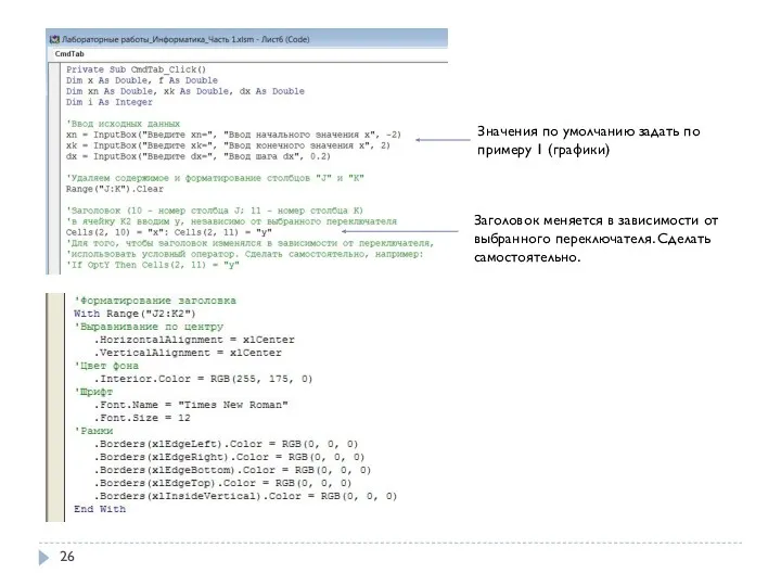 Значения по умолчанию задать по примеру 1 (графики) Заголовок меняется