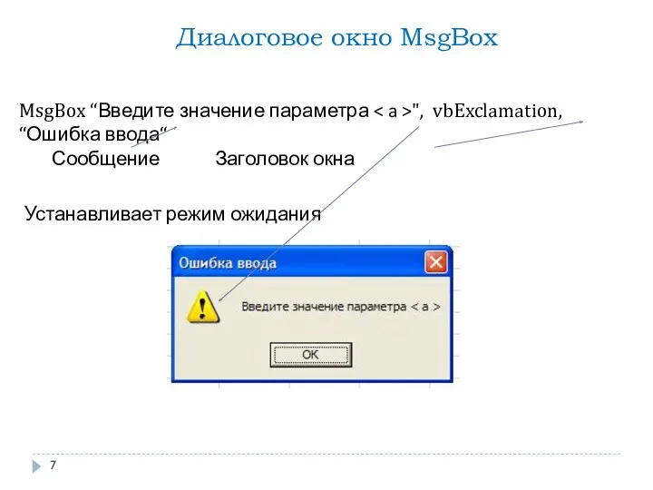 MsgBox “Введите значение параметра ", vbExclamation, “Ошибка ввода“ Сообщение Заголовок