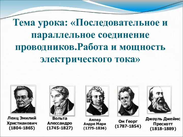 Ленц Эмилий Христианович (1804-1865) Вольта Алессандро (1745-1827) Ампер Андре Мари