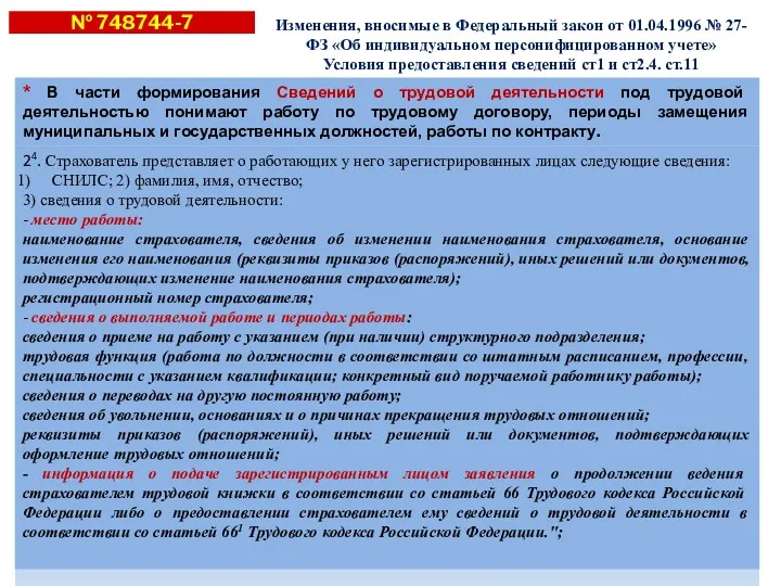 № 748744-7 * В части формирования Сведений о трудовой деятельности