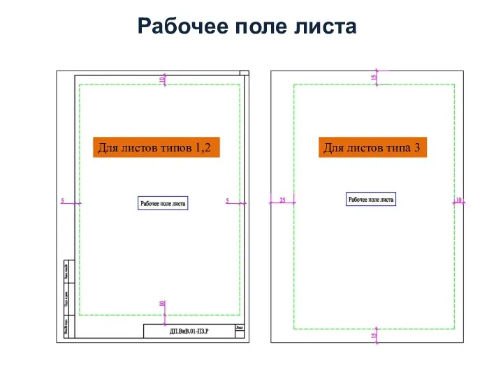 Рабочее поле листа Для листов типов 1,2 Для листов типа 3