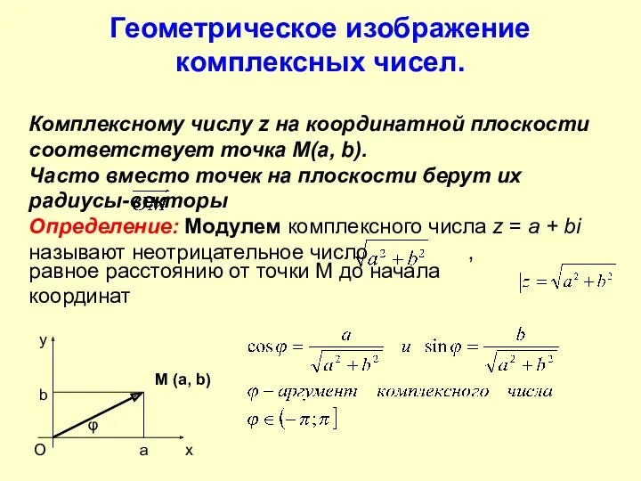 Геометрическое изображение комплексных чисел. Комплексному числу z на координатной плоскости