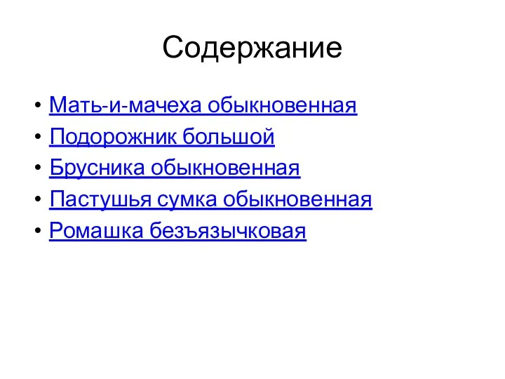 Содержание Мать-и-мачеха обыкновенная Подорожник большой Брусника обыкновенная Пастушья сумка обыкновенная Ромашка безъязычковая