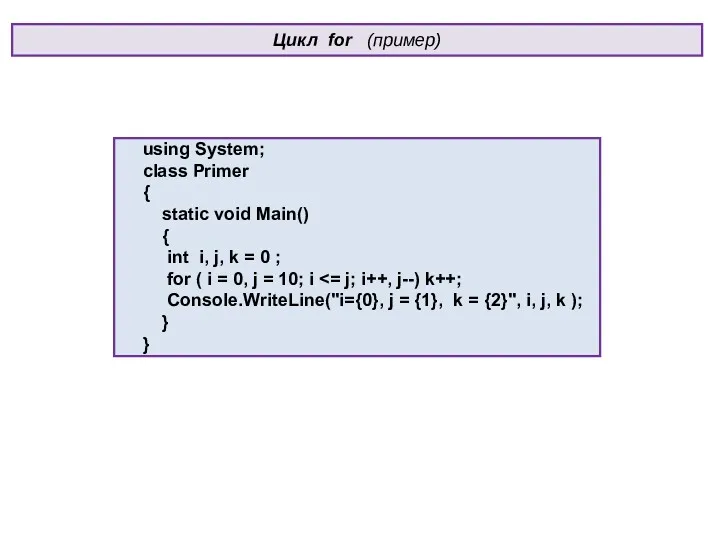 Цикл for (пример) using System; class Primer { static void