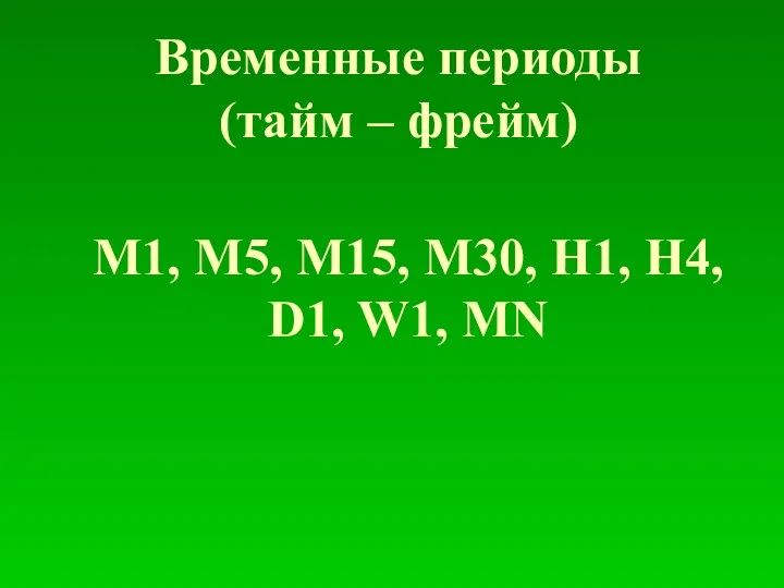 Временные периоды (тайм – фрейм) М1, М5, М15, М30, Н1, Н4, D1, W1, MN