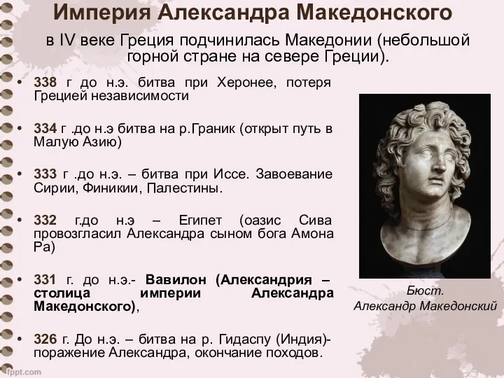 Империя Александра Македонского 338 г до н.э. битва при Херонее, потеря Грецией независимости