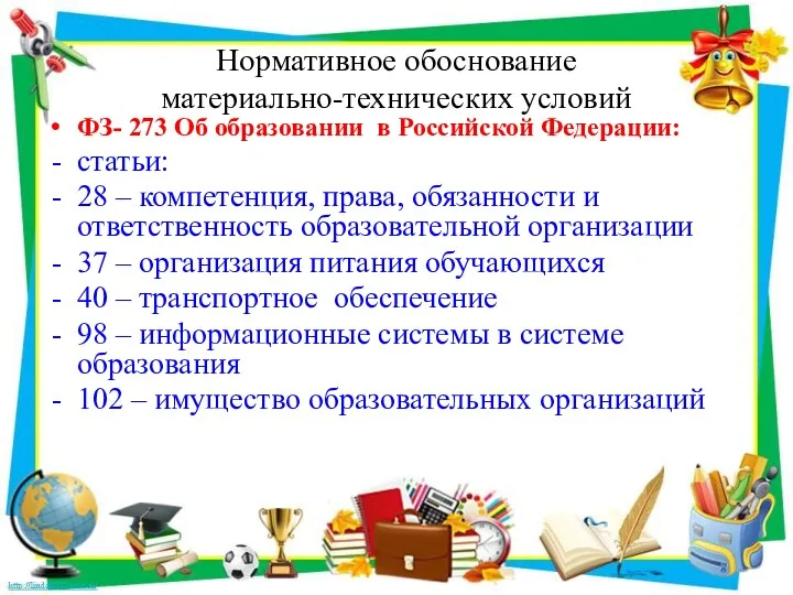 Нормативное обоснование материально-технических условий ФЗ- 273 Об образовании в Российской