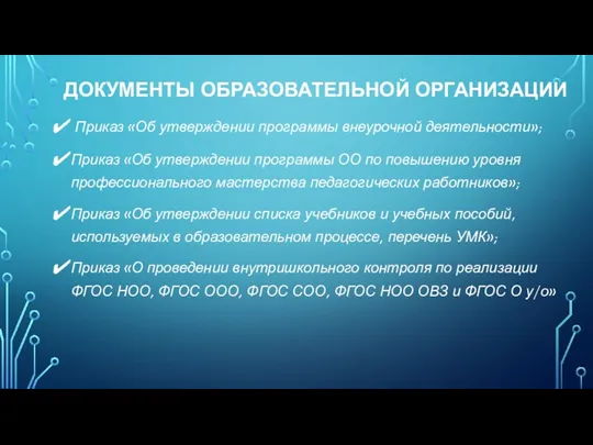 ДОКУМЕНТЫ ОБРАЗОВАТЕЛЬНОЙ ОРГАНИЗАЦИИ Приказ «Об утверждении программы внеурочной деятельности»; Приказ