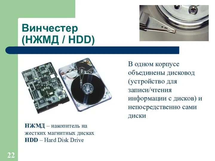 Винчестер (НЖМД / HDD) В одном корпусе объединены дисковод (устройство для записи/чтения информации