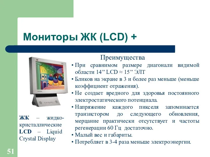 Мониторы ЖК (LCD) + ЖК – жидко-кристаллические LCD – Liquid Crystal Display При