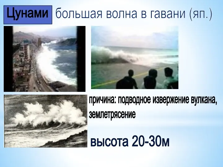 Цунами большая волна в гавани (яп.) причина: подводное извержение вулкана, землетрясение высота 20-30м