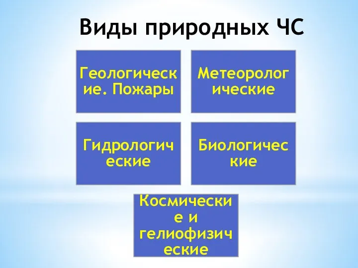 Виды природных ЧС Геологические. Пожары Метеорологические Гидрологические Биологические Космические и гелиофизические