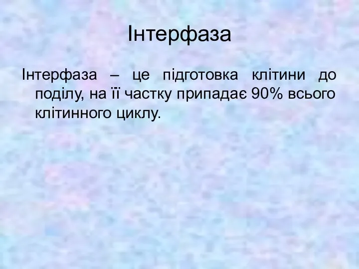 Інтерфаза Інтерфаза – це підготовка клітини до поділу, на її частку припадає 90% всього клітинного циклу.