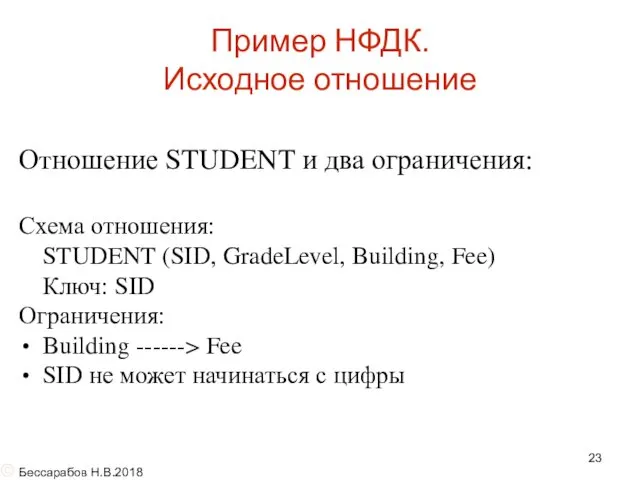 Пример НФДК. Исходное отношение Отношение STUDENT и два ограничения: Схема